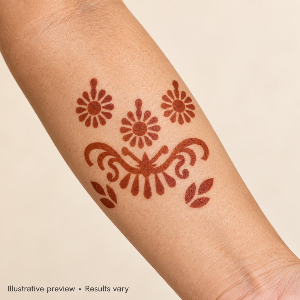 Illustrative Floral Charm design on skin outside the palm; results vary.