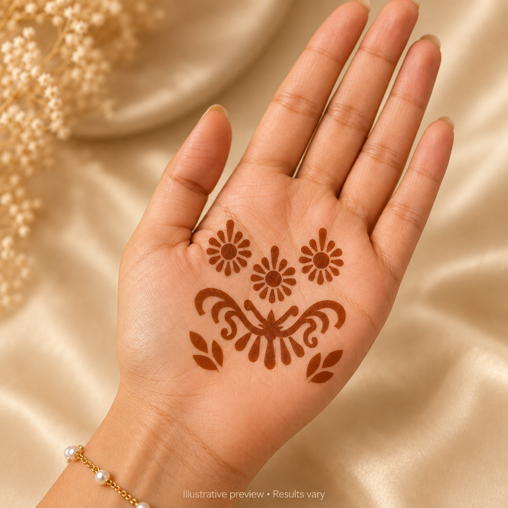Illustrative Floral Charm stencil henna design on an open palm; actual results vary.