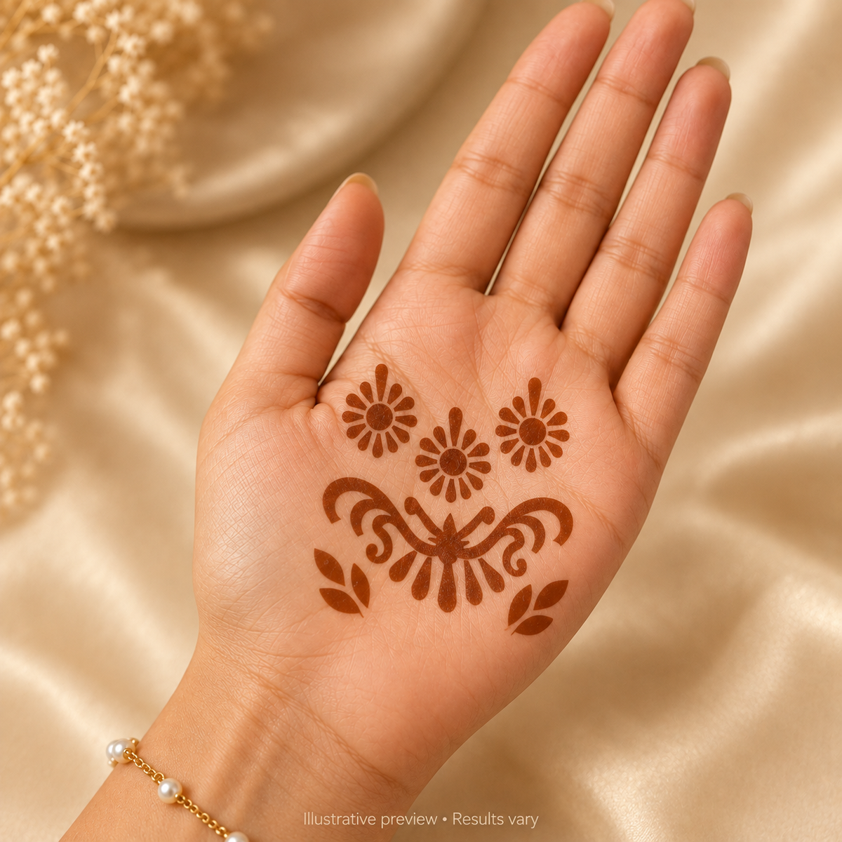 Illustrative Floral Charm stencil henna design on an open palm; actual results vary.
