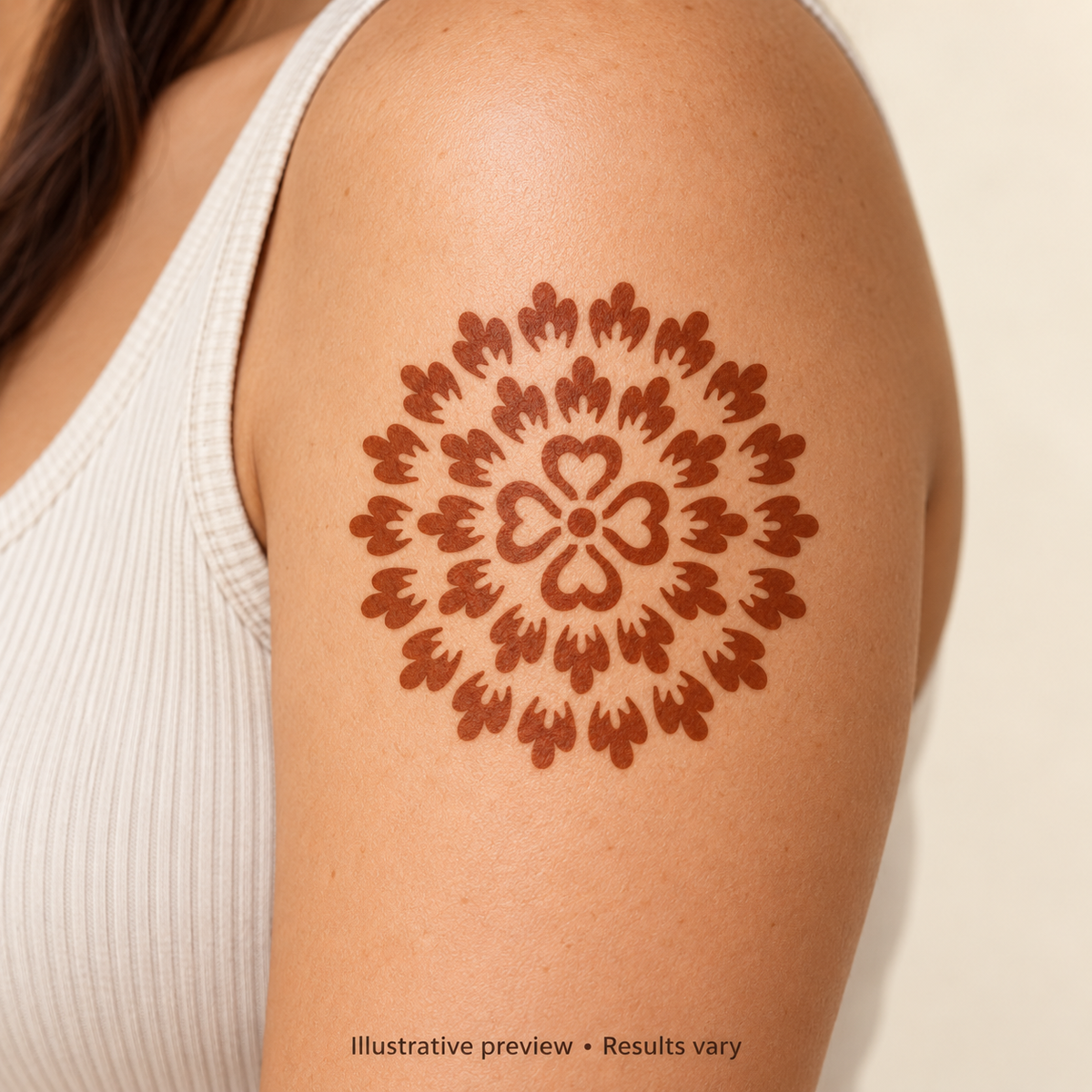 Illustrative Heart Blossom design on skin outside the palm; results vary.