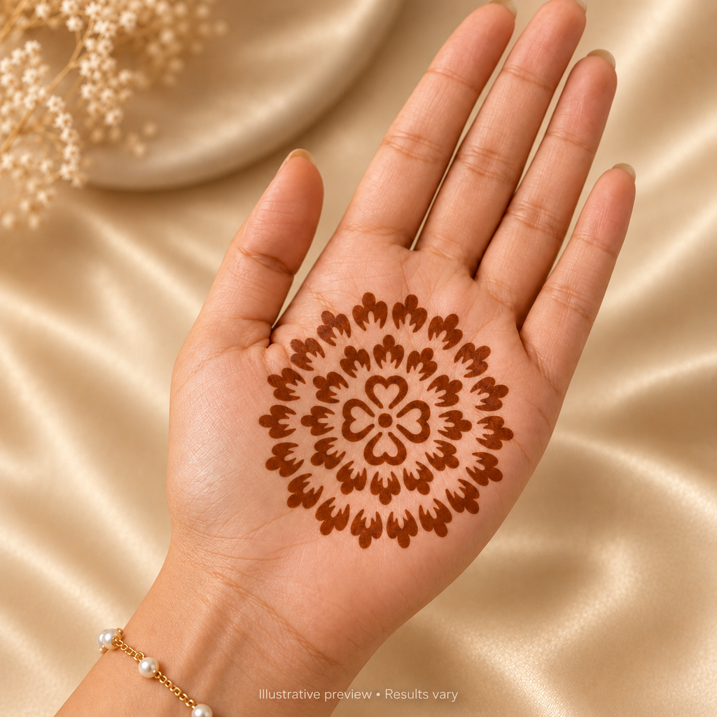 Illustrative Heart Blossom stencil henna design on an open palm; actual results vary.