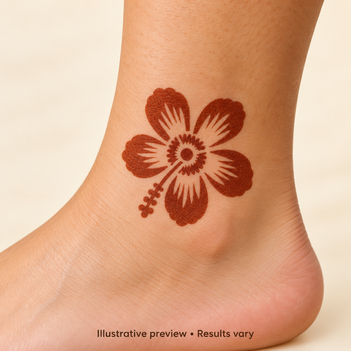 Illustrative Hibiscus Mehndi Tattoo Sticker design on skin outside the palm; results vary.