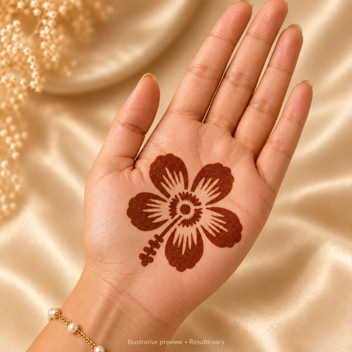 Illustrative Hibiscus stencil henna design on an open palm; actual results vary.