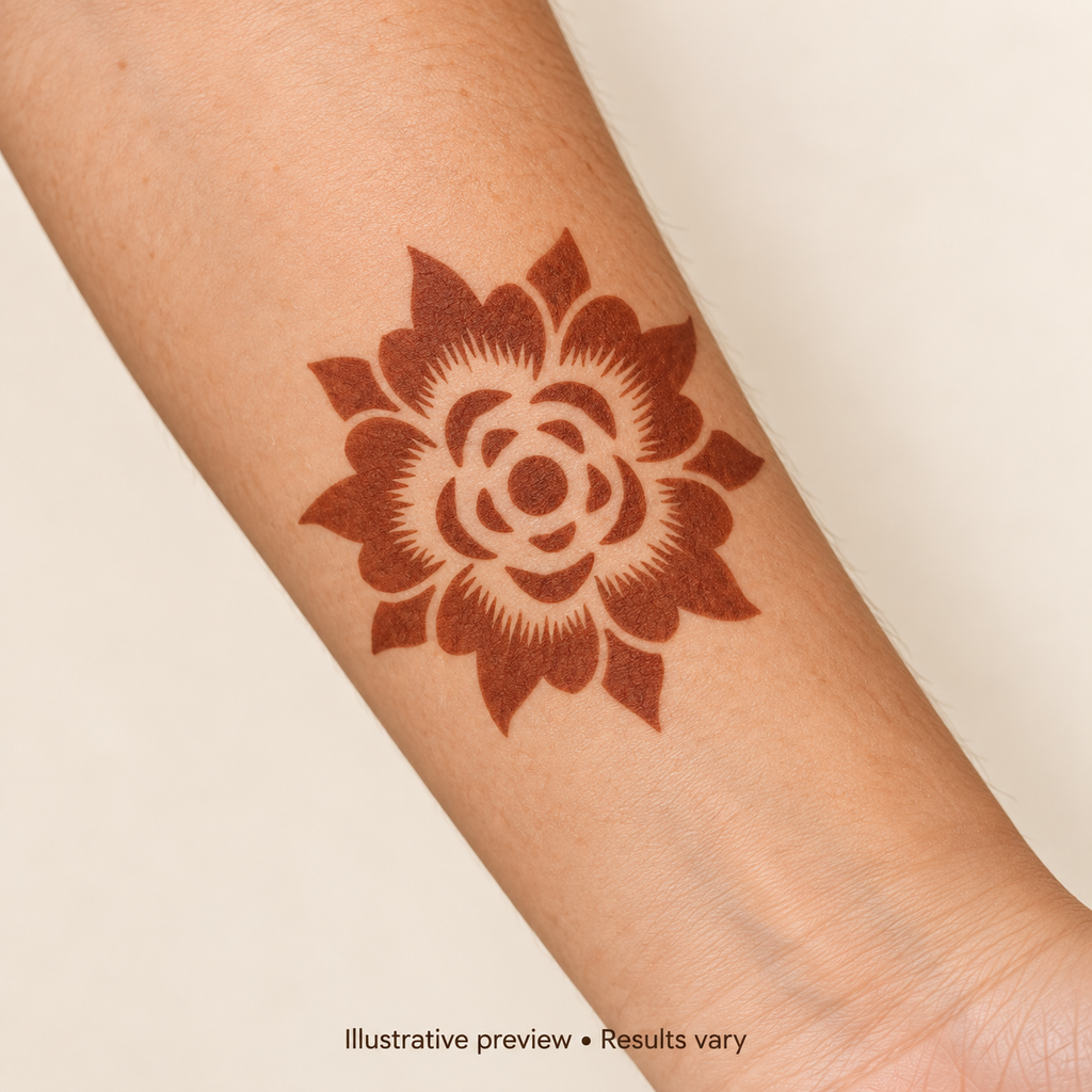 Illustrative Lotus Grace Mehndi Tattoo Sticker design on skin outside the palm; results vary.