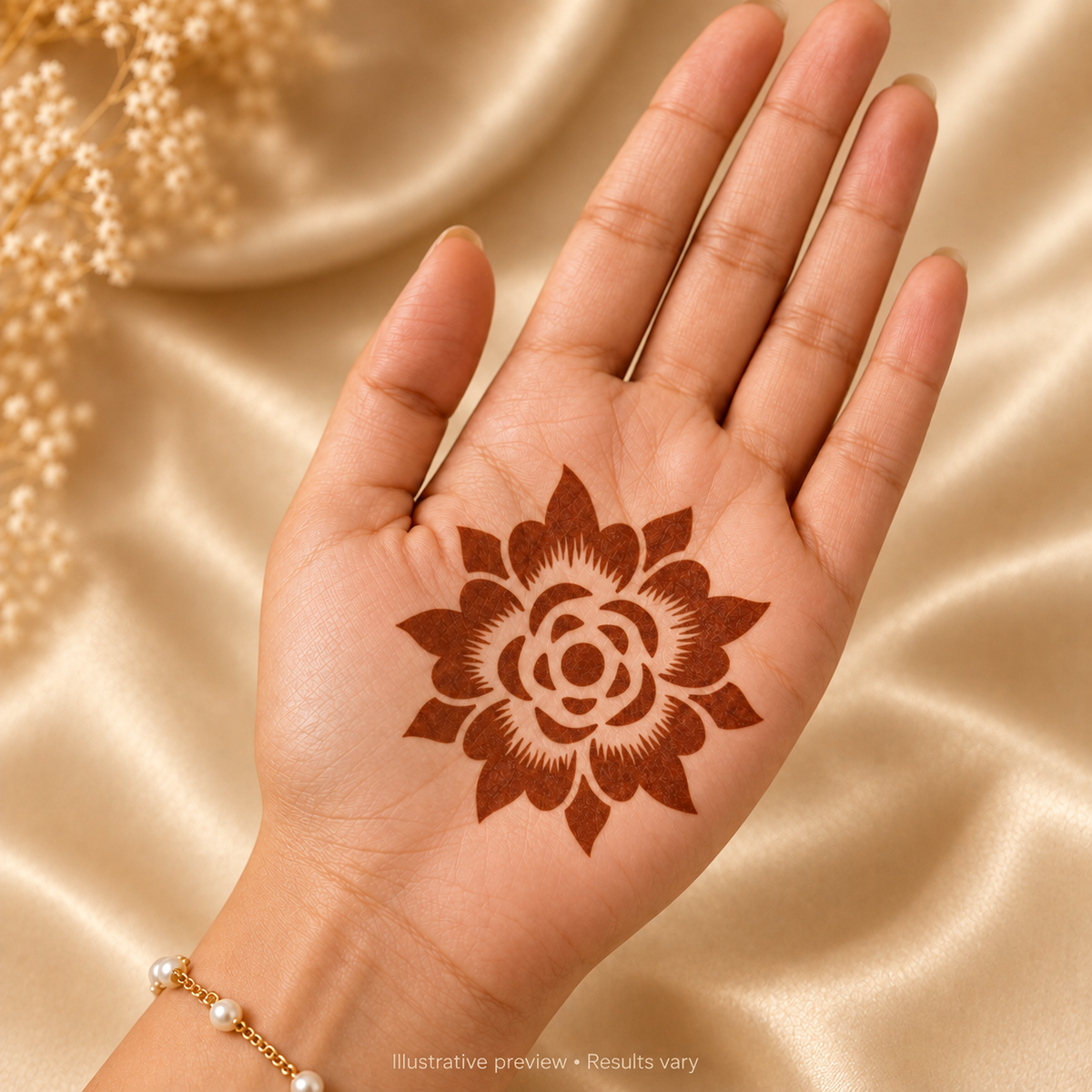 Illustrative Lotus Grace stencil henna design on an open palm; actual results vary.