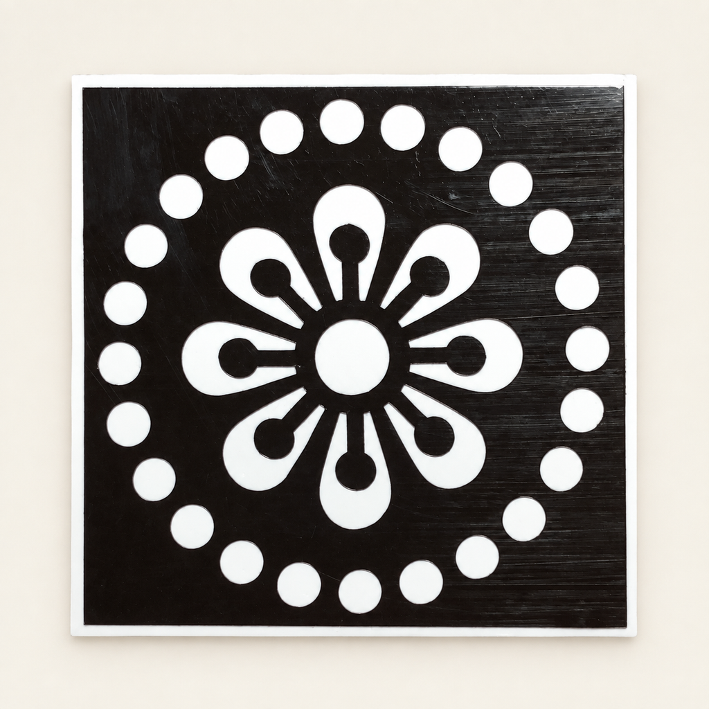 Radiant Petal actual stencil design on white backing, displayed against a cleaned ivory background.